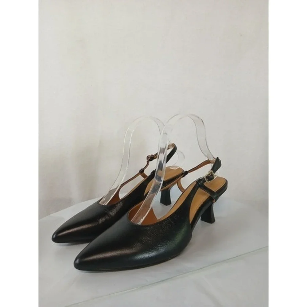 Madewell The Debbie Genuine Leather Slingback Pump Black Pointed Toe Kitten sz 8